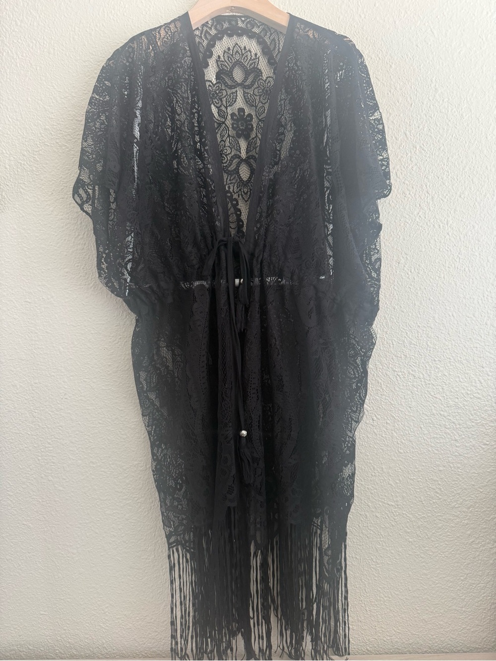 Black Lace Fringe Swim Coverup Kimono